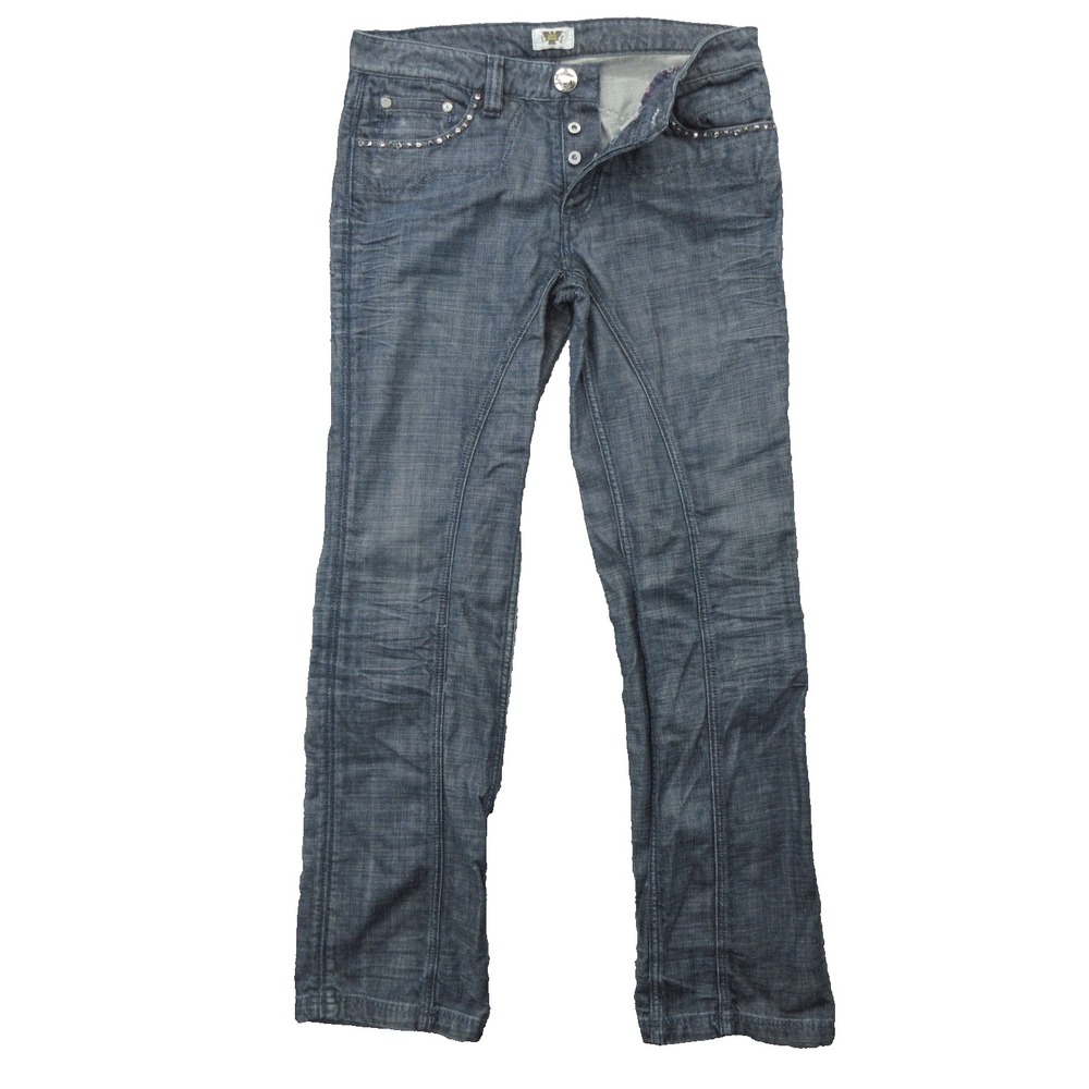 Antik Denim Jeans Womens 32 Blue Studded Flare 100% Cotton Embroidered Pockets